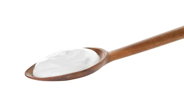 Cucchiaio Con Yogurt Cremoso Sfondo Bianco — Foto Stock