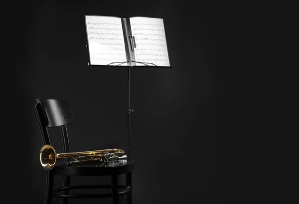 Trumpet Chair Note Stand Music Sheets Black Background Space Text — Stock Photo, Image