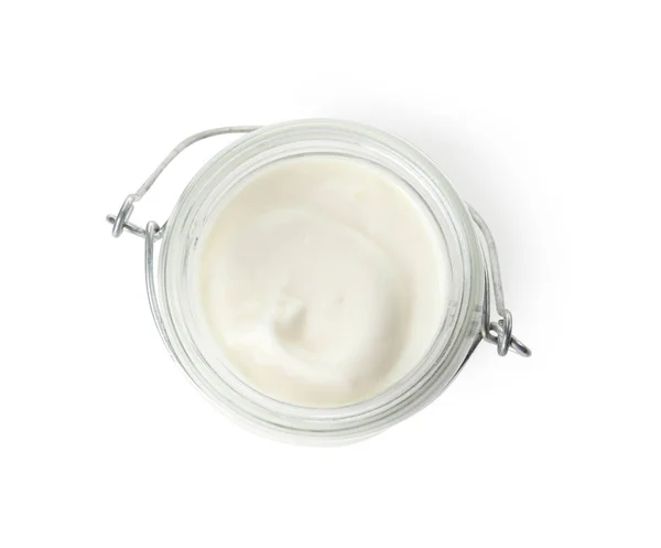 Glazen Pot Met Romige Yoghurt Witte Achtergrond Bovenaanzicht — Stockfoto