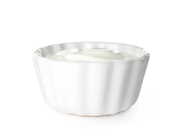 Skål Med Krämig Yoghurt Vit Bakgrund — Stockfoto