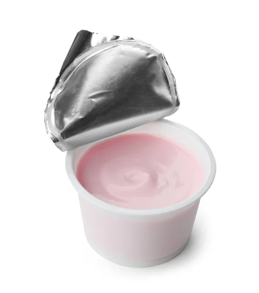 Plastmugg Med Krämig Yoghurt Vit Bakgrund — Stockfoto