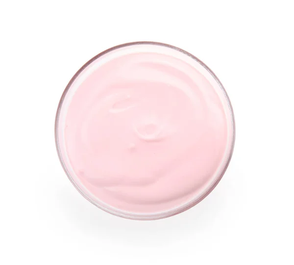 Glazen Kom Met Romige Yoghurt Witte Achtergrond Bovenaanzicht — Stockfoto