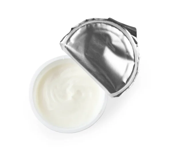 Műanyag Pohár Fehér Háttér Felülnézet Krémes Joghurt — Stock Fotó