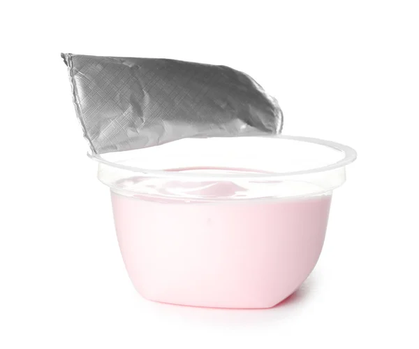 Plastmugg Med Krämig Yoghurt Vit Bakgrund — Stockfoto