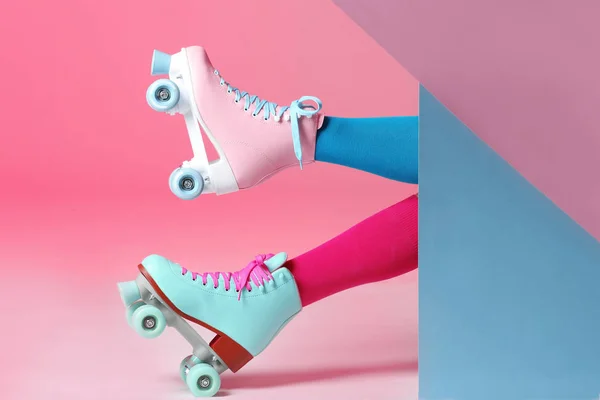 Woman Vintage Roller Skates Color Background Closeup — Stock Photo, Image