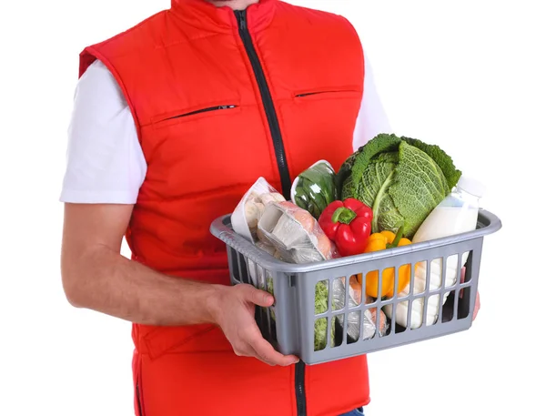 Lieferant Hält Plastikkiste Mit Lebensmitteln Auf Weißem Hintergrund Nahaufnahme — Stockfoto