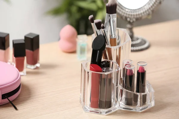 Set Decorative Cosmetic Products Makeup Dressing Table Space Text — Stock Photo, Image