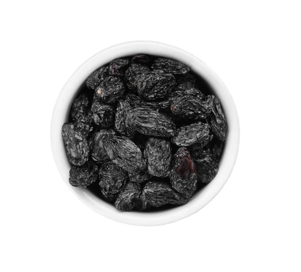 Schale Mit Rosinen Auf Weißem Hintergrund Draufsicht Gesunde Trockenfrüchte — Stockfoto