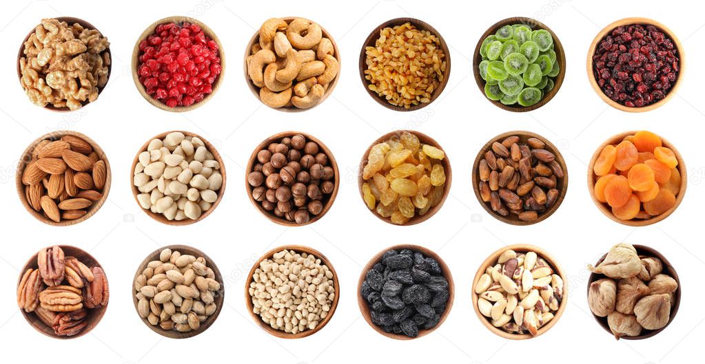 Set of bowls with healthy dried fruits and tasty nuts on white background, flat lay 