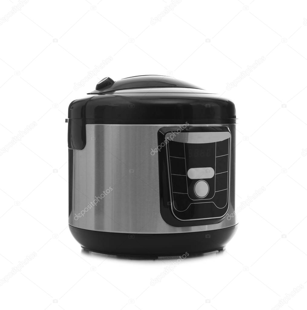 Modern electric multi cooker on white background