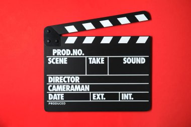 Clapperboard on color background, top view. Cinema production clipart