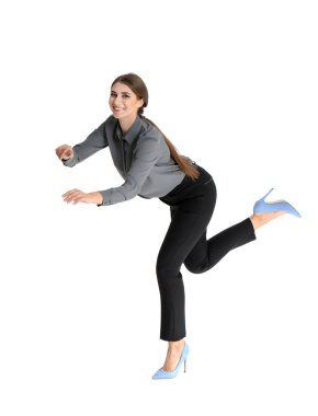 Mıknatıs beyaz arka plan üzerinde çekici genç kadın