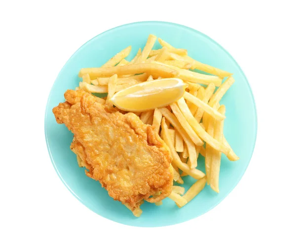 Tallrik Med Brittiska Traditionella Fisk Och Potatis Chips Vit Bakgrund — Stockfoto