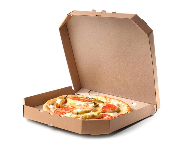 Открытая Картонная Коробка Вкусной Пиццей Белом Фоне Доставка Продуктов Питания — стоковое фото