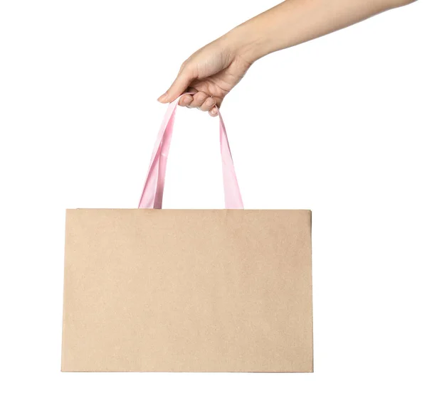 Mulher Segurando Saco Compras Papel Isolado Branco Close — Fotografia de Stock