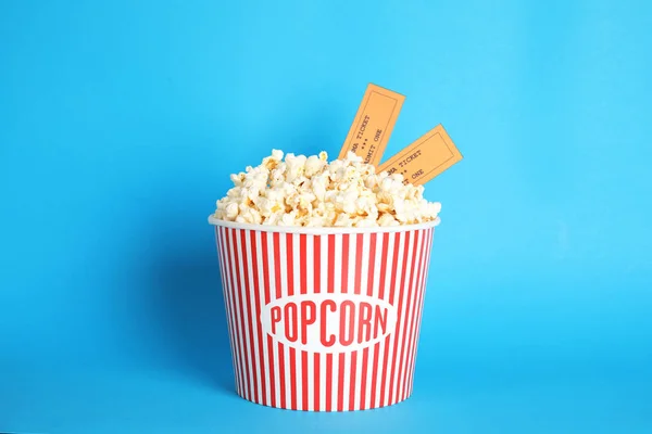 Bucket Fresh Tasty Popcorn Tickets Color Background Cinema Snack — Stock Photo, Image