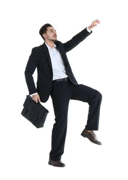 Young Businessman Attracted Magnet White Background — Stock Photo, Image