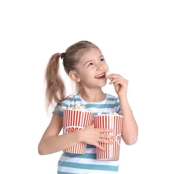 Schattig Klein Meisje Met Popcorn Witte Achtergrond — Stockfoto