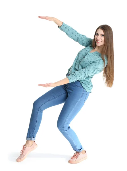 Young Woman Magnet Attracting People White Background — Stock Photo, Image