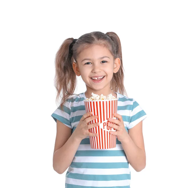 Schattig Klein Meisje Met Popcorn Witte Achtergrond — Stockfoto