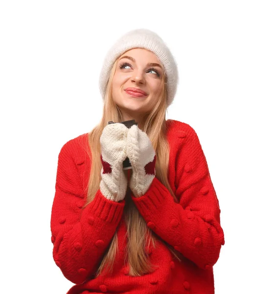 Porträt Einer Jungen Frau Mit Stylischem Hut Und Pullover Mit — Stockfoto