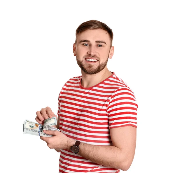 Portrait Young Businessman Holding Money Banknotes White Background — Stock Photo, Image