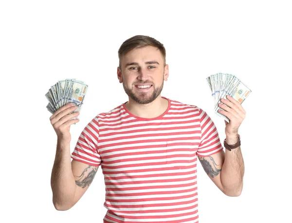 Portrait Young Businessman Holding Money Banknotes Credit Card White Background — Stock Photo, Image