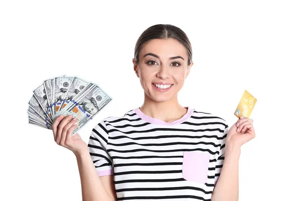 白い背景の上のお金紙幣を保持している若い女性の肖像画 — ストック写真