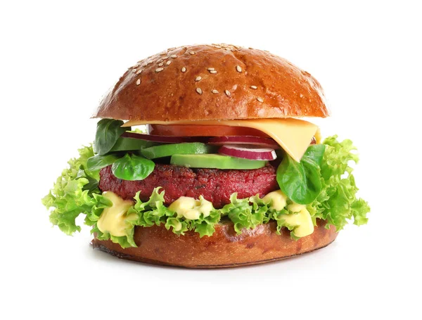 Sabrosa Hamburguesa Vegetariana Con Chuleta Remolacha Sobre Fondo Blanco — Foto de Stock