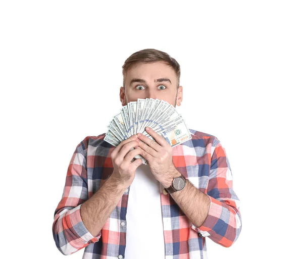 Portrait Young Businessman Holding Money Banknotes White Background — Stock Photo, Image