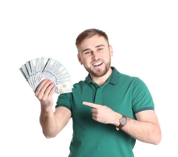 Portrait Young Businessman Holding Money Banknotes White Background — Stock Photo, Image