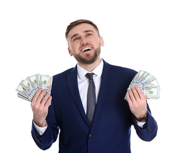 Portrait Young Businessman Holding Money Banknotes White Background — Stock Photo, Image