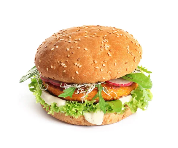 Tasty vegetarian burger with carrot cutlet on white background