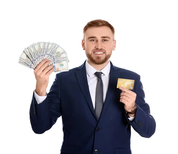 Portrait Young Businessman Holding Money Banknotes Credit Card White Background — Stock Photo, Image