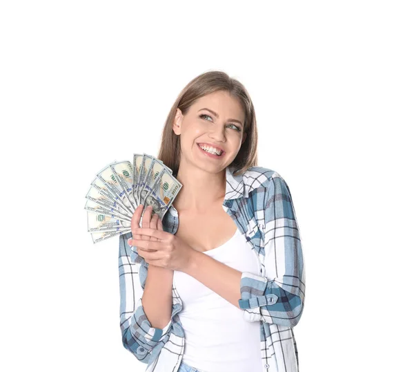 Porträt Einer Glücklichen Jungen Frau Mit Geld Auf Weißem Hintergrund — Stockfoto
