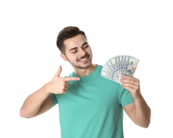 Портрет Счастливого Молодого Человека Деньгами Белом Фоне — стоковое фото