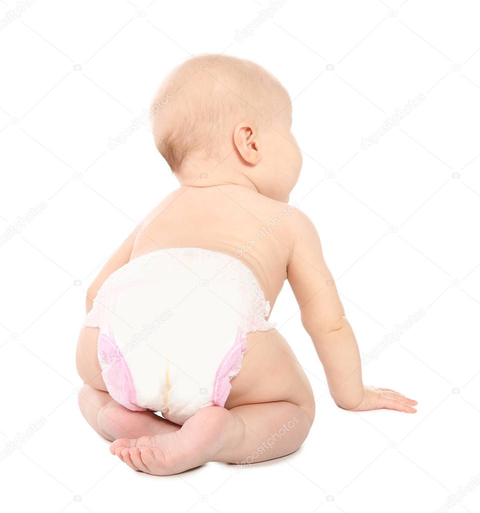 Cute little baby crawling on white background