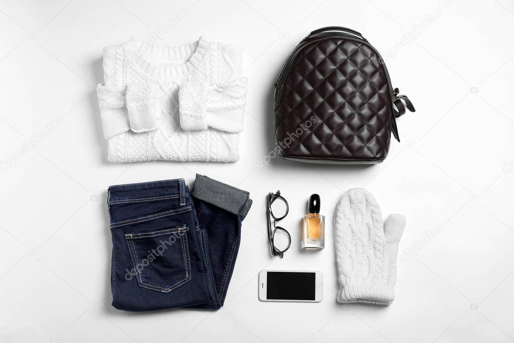 Set of stylish clothes and accessories on white background, flat lay