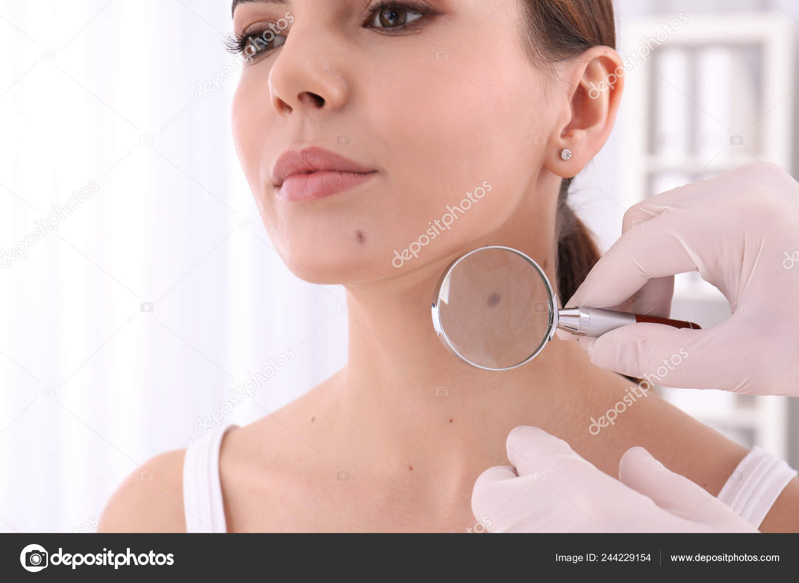 Dermatologist Examining Patient Magnifying Glass Clinic Closeup View