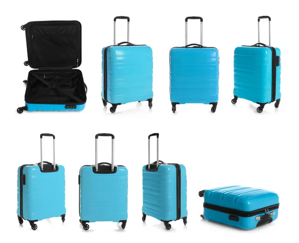 Sada Stylových Modrý Kufr Pro Cestující Bílém Pozadí — Stock fotografie
