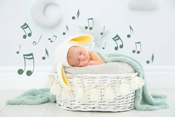 Cute Newborn Child Wearing Bunny Ears Hat Sleeping Baby Nest — Stock Photo, Image