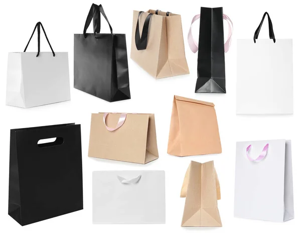 Set Diferentes Bolsas Papel Para Comprar Sobre Fondo Blanco Burla — Foto de Stock