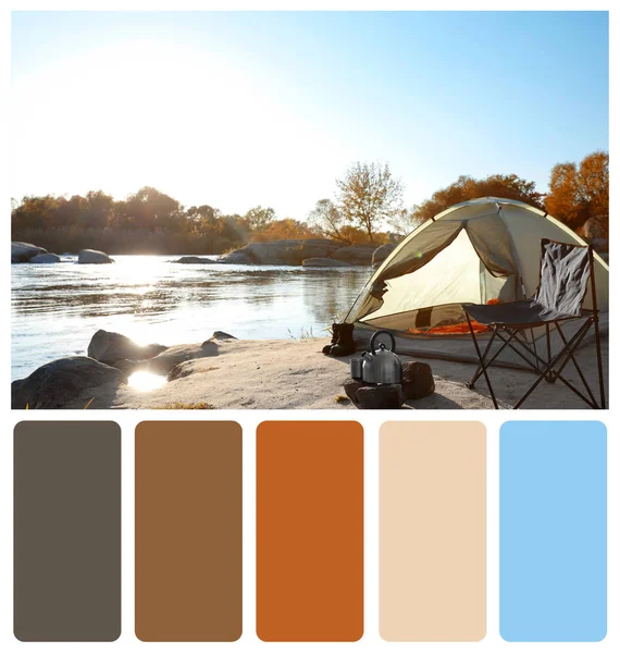 Camping equipment near tent with sleeping bags. Color palette