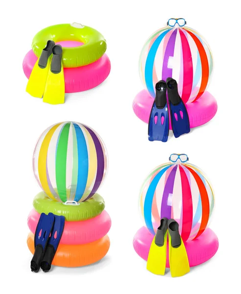 Ensemble Différents Accessoires Plage Lumineux Pour Natation Sur Fond Blanc — Photo