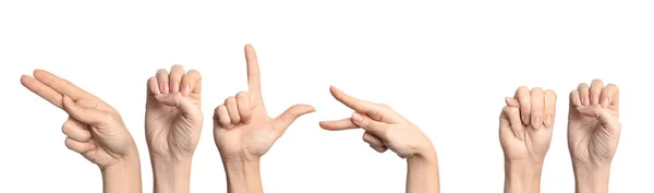 Woman Showing Phrase Help White Background Sign Language — Stock Photo, Image