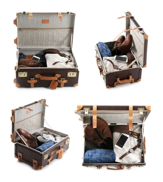 Set Vintage Koffer Verpakt Voor Reizen Witte Achtergrond — Stockfoto