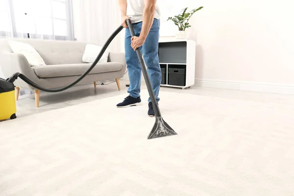 Man Removing Dirt Carpet Vacuum Cleaner Indoors Closeup — Stock Photo, Image