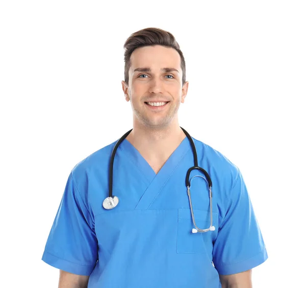 Portret Van Medisch Assistent Met Stethoscoop Witte Achtergrond — Stockfoto