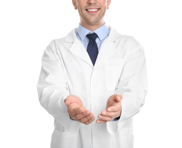 Male Dentist Holding Something White Background — Stock Photo, Image