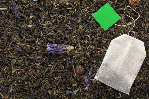 Tea Bag Száraz Leveleket Felülnézet Hely Szöveg — Stock Fotó
